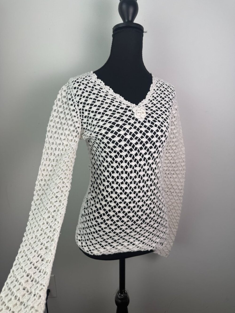 Real Clothes 100% Cotton Crochet Open Knit V-Neck Long Sleeve Top P Boho Hippie